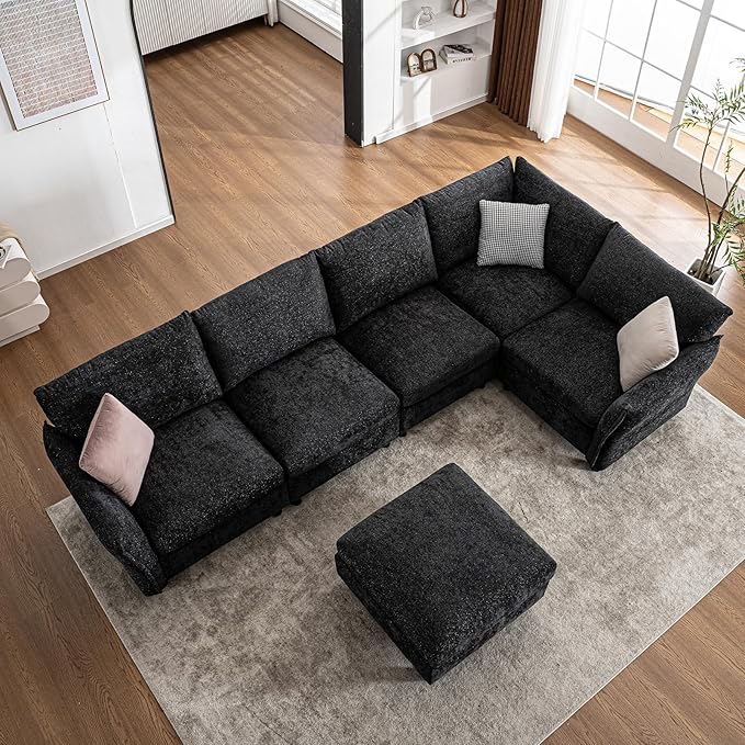 124.4 U Shaped Sectional Couches with Storage Ottoman 6 Seater Chenille Upholstered Modular Sectional Sofa Cloud Couch Sectional Sectional Couches for Living Room Bedroom &amp Apartment (Black)