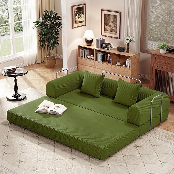 79 Folding Convertible Sofa Bed Boneless Couch for Living Room with Pull Out Bed ‌Convertible Sleeper Sofa Bed with Pillows - Corduroy Upholstered Modular Futon Couch for Bedroom Lounge (Green)