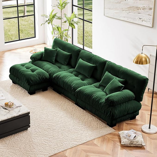 Modular Sectional Sofa 3 Seater Cloud Couch with Ottoman L Shaped Deep Seat Sofas Sectional Couch for Living Room Comfy Chenille Modular Sofa Set with Throw Pillows Modern Sleeper Couchs Green