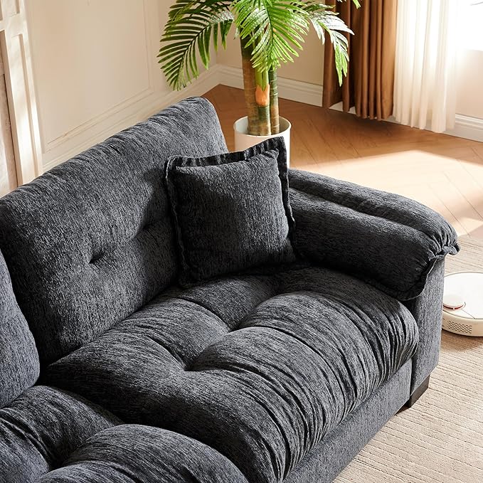 91.5 Modern Cloud Couch Sofa Comfy Chenille Couches for Living Room Easy to Assemble Apartment Black Couch with Wide Armrests Removable Cushion Fashion Cute Sofas with Pillows for Bedroom Office