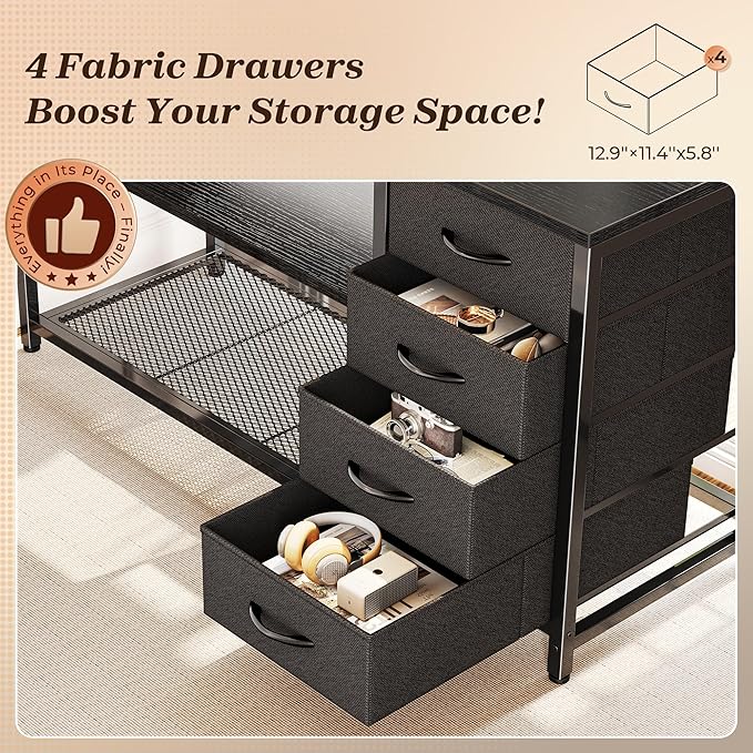 PRAISUN 61 L Shaped Desk with Power Outlets and USB-C Port Reversible Computer Corner Office Desk with 4 Fabric Drawers and 2 Height-Adjustable Shelves Large for Gaming Writing Work StudyBlack