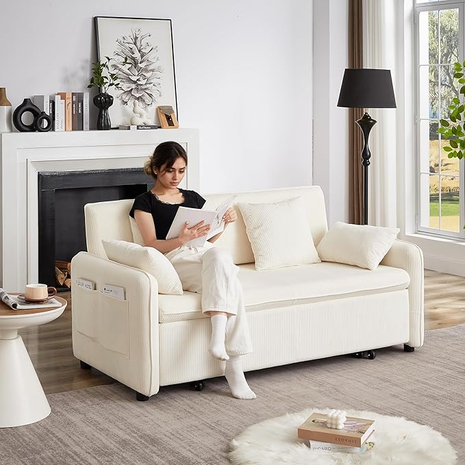 Ball &amp Cast 66 Convertible Sofa Bed3-in-1 Corduroy Loveseat Sleeper Pull Out Couch Bed with Pillows and Side Pockets Deep Seat Comfy Sofa Couches for Living RoomApartmentBeige