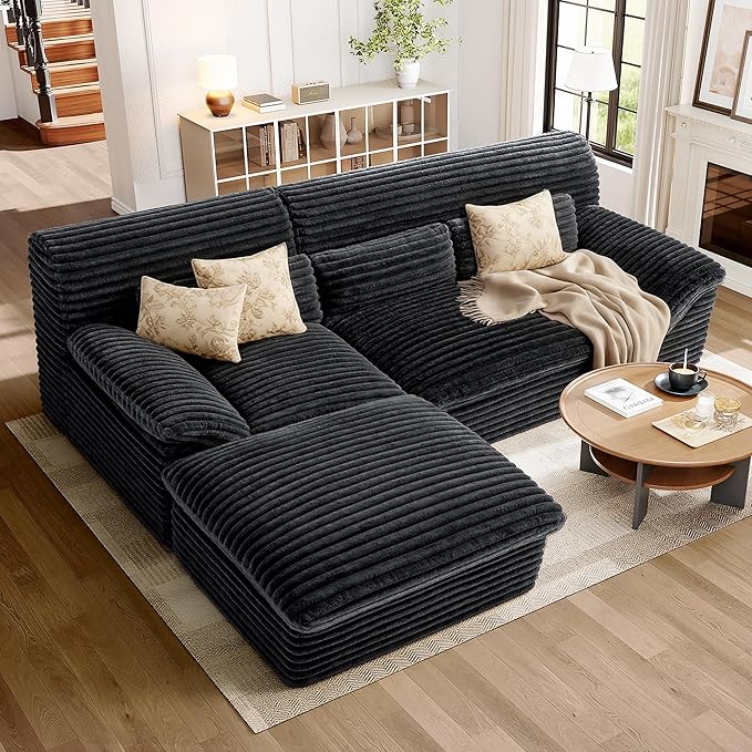 Pamapic 3-Seat L-Shaped Modular Sectional SofaBoneless Cloud Couch with Double-Layer Deep Seat Comfy Corduroy Fabric 72h ReboundGrey