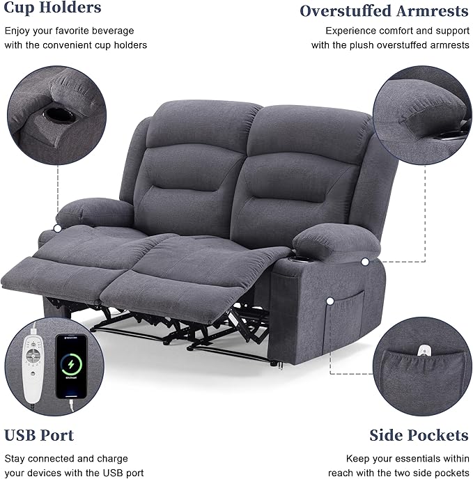 Oversized Recliner Loveseat with Heat and Massage Wall-Hugger Reclining Sofa with Cup Holders and USB Port Big Large 2-Seater Double RV Recliner Loveseat for Living Room (Fabric Grey)