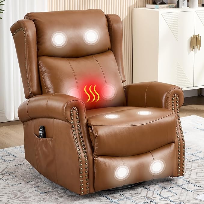 Manual Rocker Swivel Recliner Chair for Adults Vibration Massage Reclining Glider Chair with Lumbar Heat Rivet Design Single Sofa for Living Room Genuine Leather Brown
