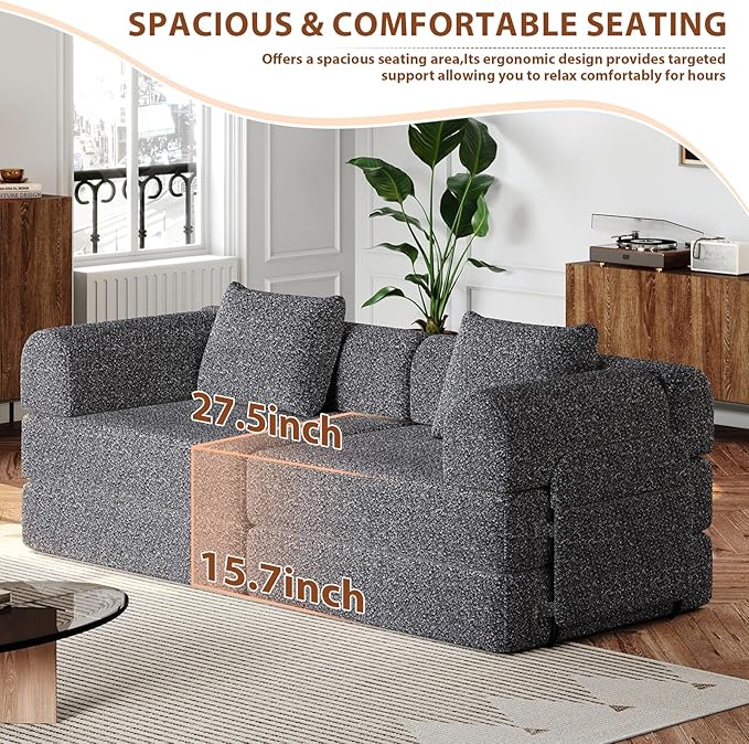 Convertible Sofa Bed 108+72.4+37 Sectional Couch 6-Seater with Storage Pockets Modular Sleeper Couch Chenille Folding Floor Boneless Lounge Sofa for Living Room Guest Room Grey