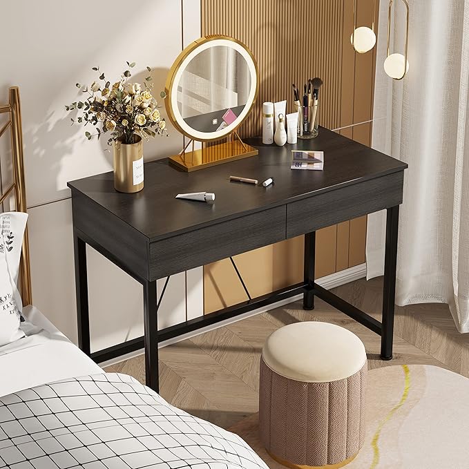 Mexin Small Black Desk with 2 Wooden Drawers 40 Inch Home Office Writing Desk Black Vanity Desk with Storage Computer Desk for Bedroom Small Spaces Table for Office Work Kids Study Makeup