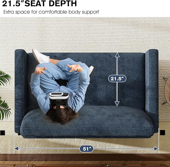 51 Loveseat Sleeper Sofa Bed Chenille Convertible Floor Sofa Bed for Small Spaces Folding Couch Bed with Deep Seat 2 Pillows &amp Solid Frame Pull Out Floor Couch for Living Room Blue