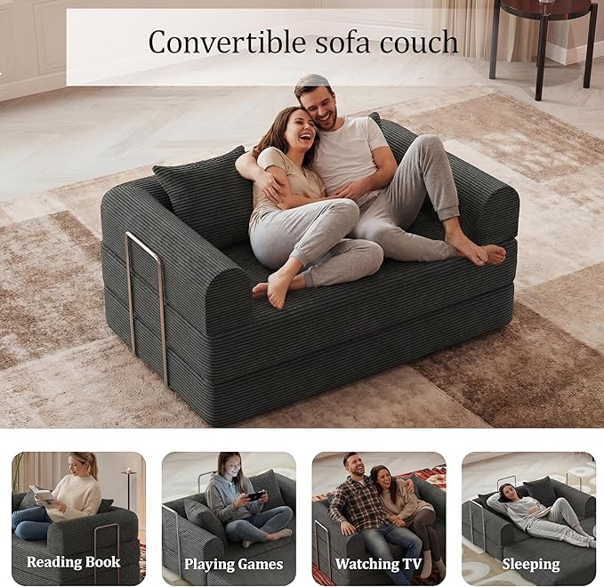 HouseMila 53.15 Convertible Sofa Bed4-in-1 Futon Sofa Bed Modular Loveseat Sleeper Folding Pull Out Couch with Pillows No Assembly Required Boneless Couch for Living Room Bedroom Guest RoomGrey