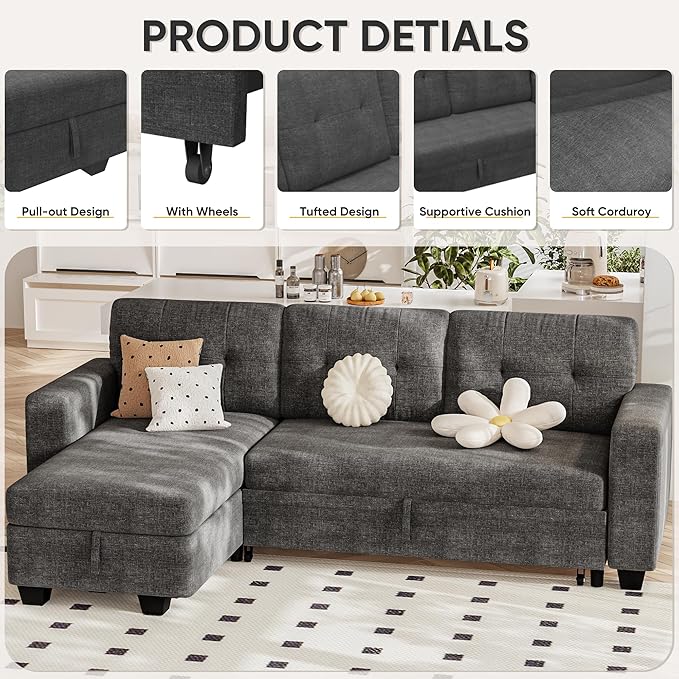 Homall Sleeper Sofa Bed Couch with Pullout Bed and Reversible Storage Chaise L Shaped Sofas for Apartment Small Space (Linen Fabric Dark Grey)