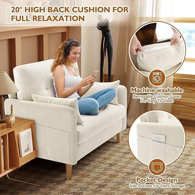 47 Small Sofa Couch Soft Chenille loveseat Mini Couch with Throw Pillow and Removable Cushion Cover for Small Spaces Bedroom Apartment Dorm Office Living Room(Beige)