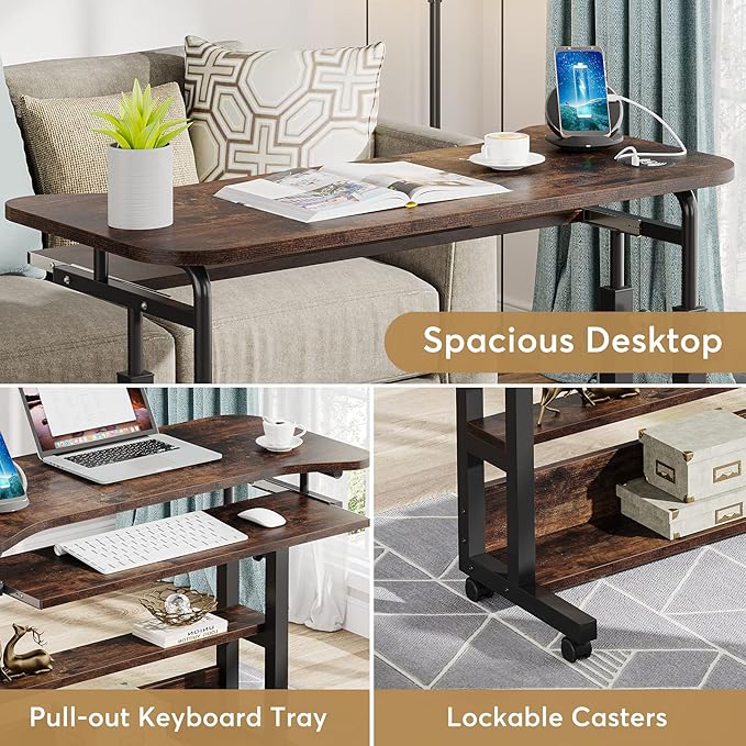 Tribesigns Portable Desk with Power Outlets Height Adjustable Side Table Sofa Couch Bedside Laptop Computer Cart with USB Charging Ports Mobile Small Standing Desk with Keyboard Tray