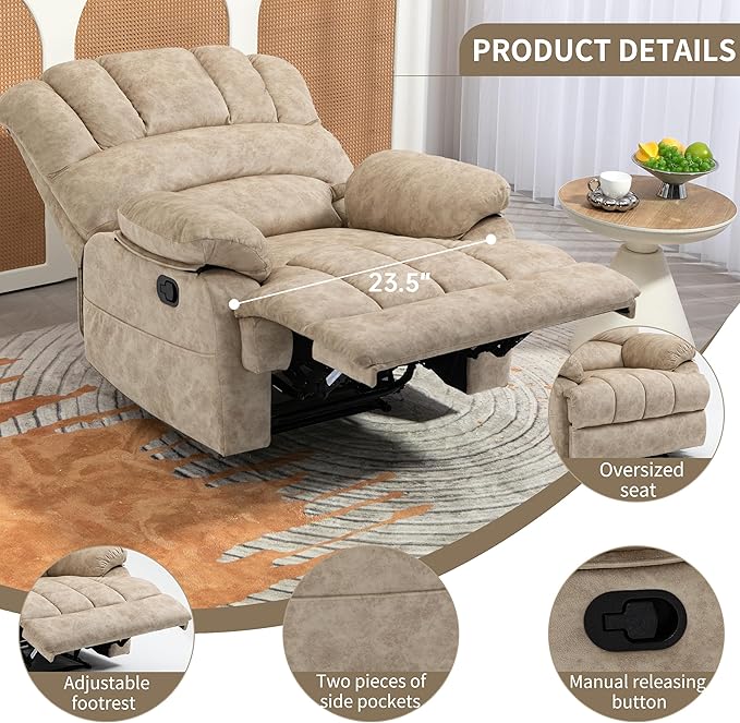 Luxlen Large Manual Recliner ChairSoft Fabric Push Back Recliner with Overstuffed Armrest and Backrest Living Room Single Sofa ReclinersBeige