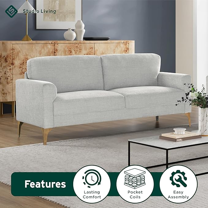 Studio Living® Matthew 75.6 Sofa Mid-Century Modern Pocket Coil Comfort Metal Brushed Bronze Legs Chenille Fabric Ivory
