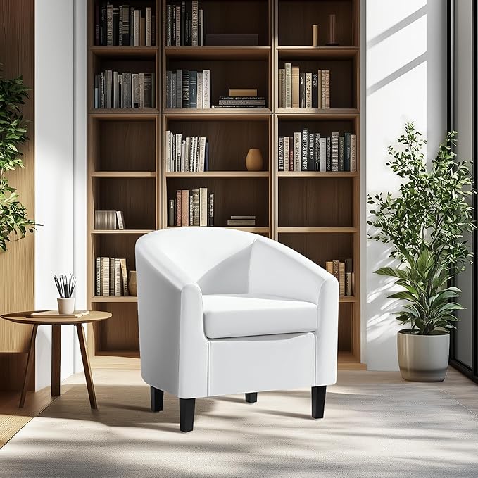 Yaheetech White Leather Chair Faux Leather Accent Chair Modern Barrel Chair Comfy Club Chair with Soft Padded and Solid Legs for Living Room Bedroom Reception Room White