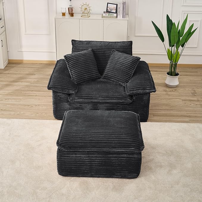 Oversized Armchair with Ottoman Corduroy Reading Chair for Bedroom &amp Living Room Modern Floor Sofa Chair Comfy Lazy Lounge Chair No Assembly Required Black