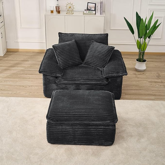 Oversized Armchair with Ottoman Corduroy Reading Chair for Bedroom &amp Living Room Modern Floor Sofa Chair Comfy Lazy Lounge Chair No Assembly Required Black