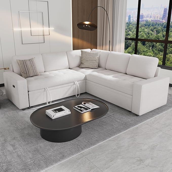 Sunny Heart Chenille Modular Sectional Sleeper Sofa with Pull Out Bed L Shaped Sectional Sofa with USB Ports/Adjustable Backrest/Storage Seats Tool-Free Assembly Couches for Living Room Beige