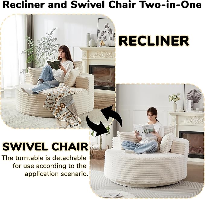55 White Oversized Round Boneless Couch Sofa Corduroy Memory Foam Cloud Couches Lounge Chair Comfy Fluffy Single Sofa with 3 Pillows for Living Room Bedroom No Assembly Required (White)