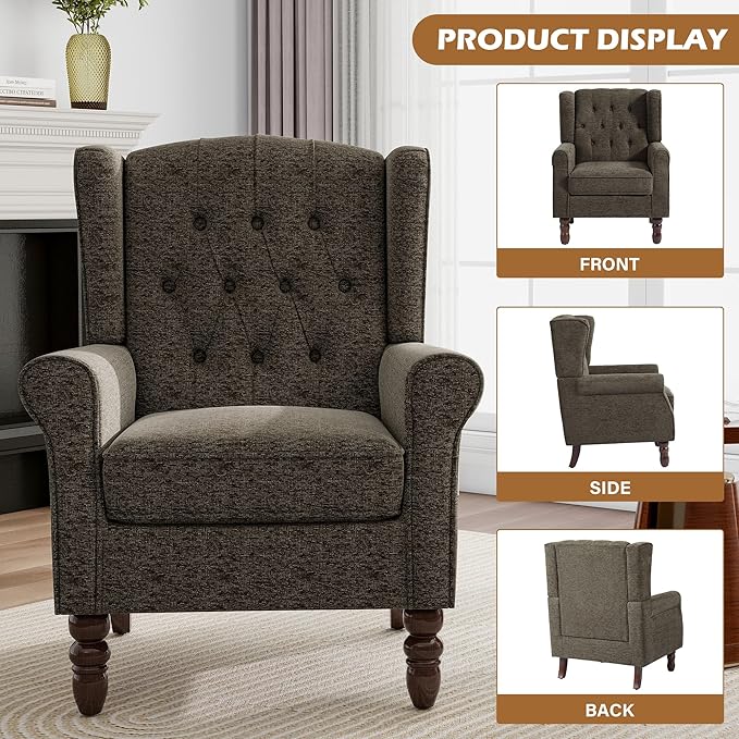 Pia Ricco High Back Floral Accent Chair - Retro Wingback Upholstered Armchair with Nailhead Trim Solid Wood Legs Fabric Living Room Bedroom Reading Chair (Taupe)
