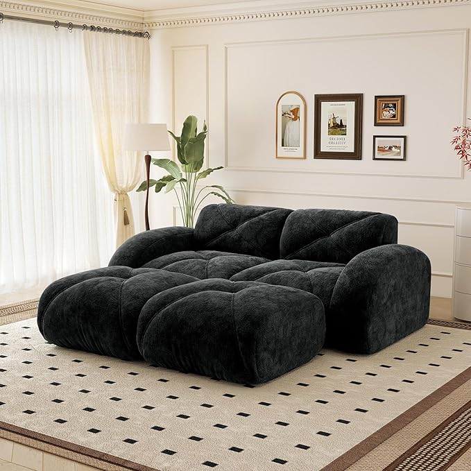 Cloud Sectional Boneless Couch 80.3” Small U Shaped Modular Sofa with 2 Ottoman Deep Seat Premium Velvet Ergonomic Design Compression Upholstered Couches for Living Room Black
