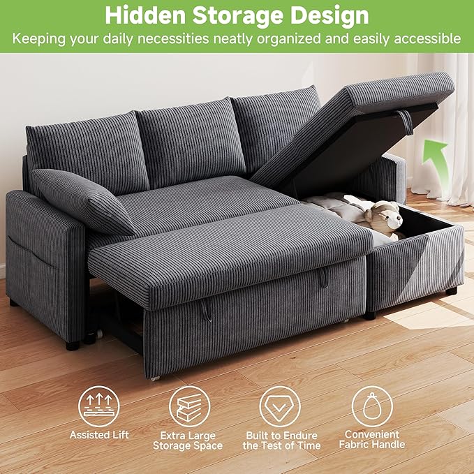 Real Relax 80'' Sofa Bed L Shaped Corduroy Sleeper Sofa Couch with Pull Out Bed and Chaise Storage for Living Room Apartment and Office Dark Gray
