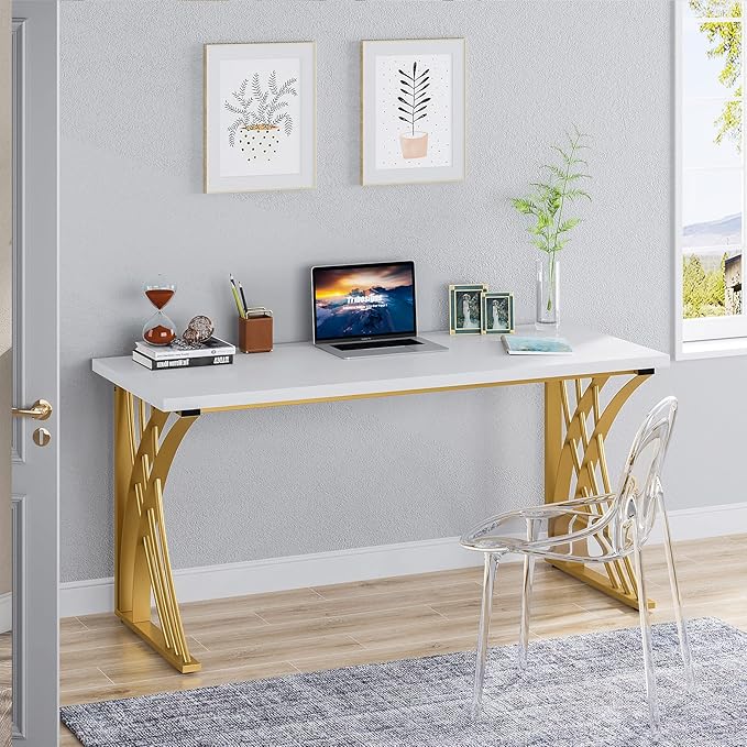 LITTLE TREE 55’’ Large Modern Computer Desk White &amp Gold Luxury Laptop PC Student Table Makeup Vanity Table with Thick Frame &amp Strong Legs Sturdy Writing Workstation for Home &amp Office
