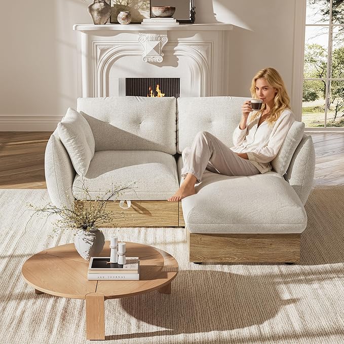 70 Loveseat Sofa with Storage Cotton and Linen Fabrics Modern Oversized Modular Sectional Cloud Couch with Armrest Pillow Easy Assembly for Small Spaces Ivory