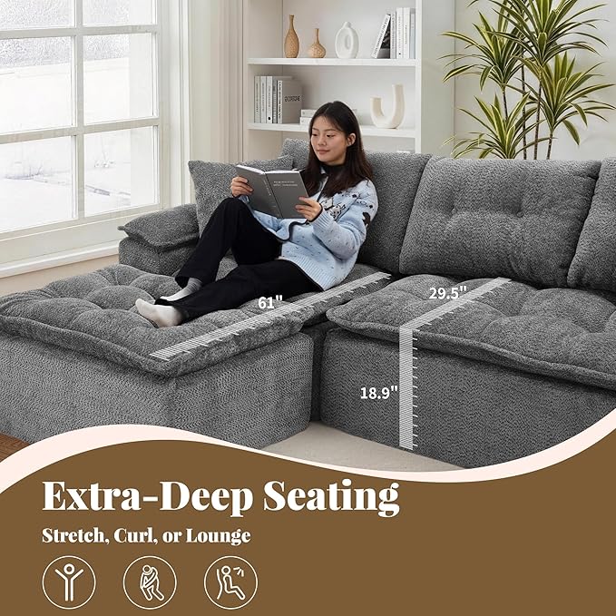 110 Modular Sectional Sofa Cloud Sectional Couch with Ottoman Modern L Shaped Sofa with Deep Seat Upholstered Boneless Couch for Living Room with Layered Cushion No Assembly Grey