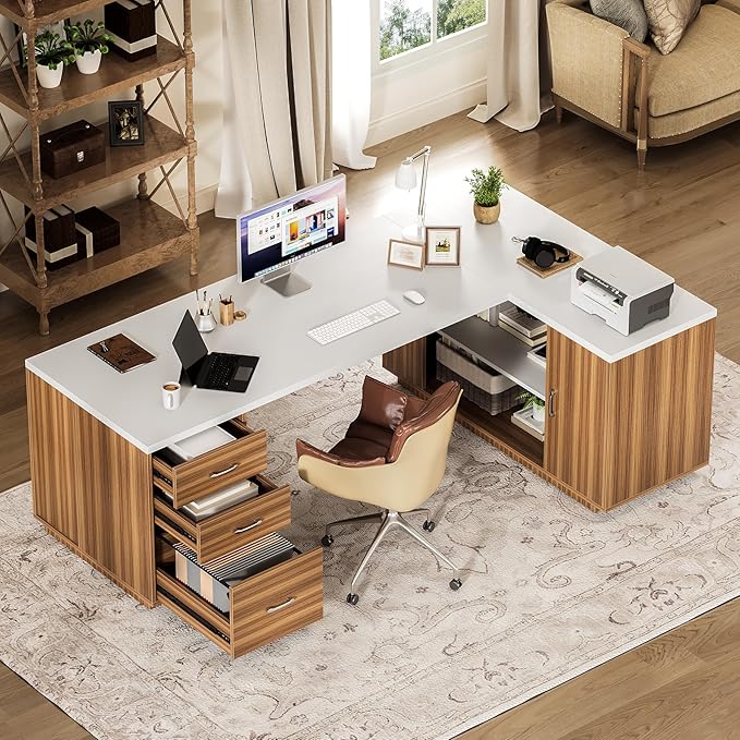 LITTLE TREE 87-Inch Modern Executive Desk with File Cabinet Large Home Office Desk with Drawers 3-Drawer Wooden File Cabinet Spacious Workstation for Home Office (White &amp Brown)