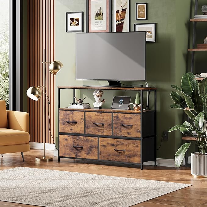 WLIVE Dresser for Bedroom with 5 DrawersFabric Dresser TV Stand with Charging Station Chest of Drawer with Open Shelves for 45 inch TVfor Living RoomEntryway Charcoal Black Wood Grain Print