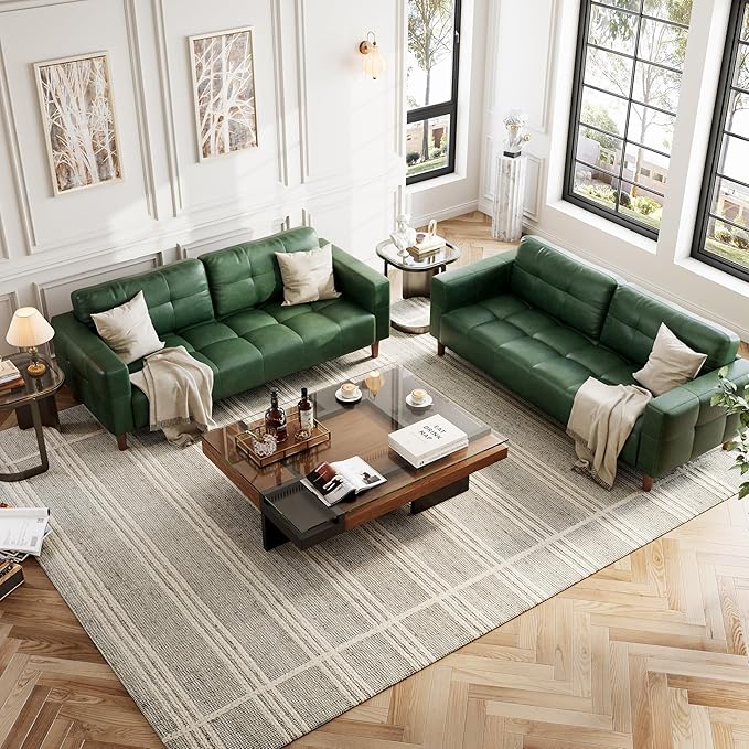 IDEALHOUSE 3-Seater Sofa Couch 83 in Wide Faux Leather Sofa Couch with Spring Cushion Modern Sofa with Deep Seats and 2 Removable Back Cushions for Living Room Bedroom Apartment Office Green