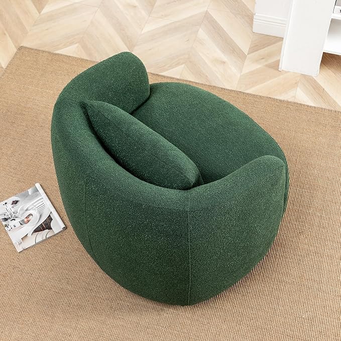 KINWELL 34 Wide Boucle Swivel Barrel Chair with 23 Ottoman Set Fully Assembled Set of Sherpa Accent Chair and Footrest Modern Comfy Armchair and Footstool for Living Room and Bedroom Green