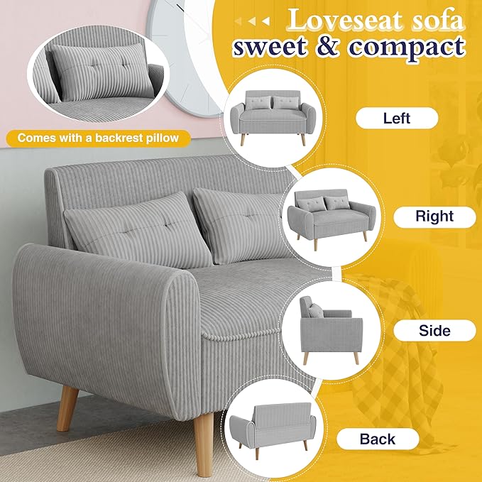 JAMFLY 47'' Small Loveseat Sofa 2 Seat Compact Couch with Tapered Legs Light Grey Upholstered Furniture Solid Wood Frame Comfy Foam Cushion Easy Assembly for Small Spaces