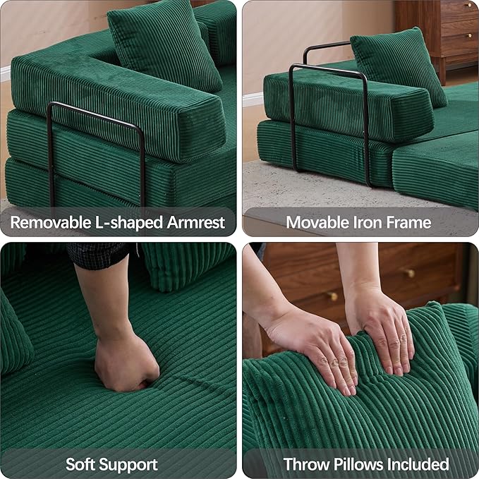 Folding Convertible Sofa Bed 4-in-1 Boneless Couch Sleeper Sofa 76.8'' Corduroy Foldable Mattress Couch with Fixed-Shape Frame Floor Sofas Modular Futon Couches for Living Room Dark Green