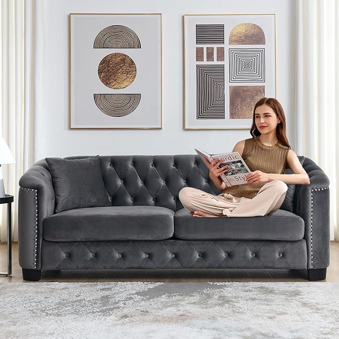 2 Piece Modern Chesterfield Velvet 77 3-Seater Sofa Set Upholstered Tufted Backrests with 8 Nailhead Arms and 4 Cushions for Living Room (Grey 2 Piece 77 3-Seater Sofa Sets)
