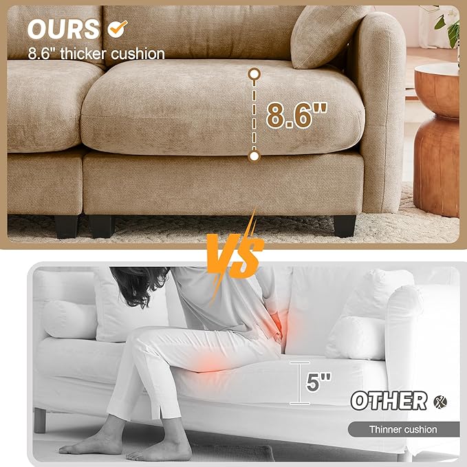 74 L-Shaped 2-Seater Sectional Sofa with Ottoman - Chaise Lounge Couch Plush Double-Tone Chenille &amp Ergonomic Support for Apartment LivingCamel