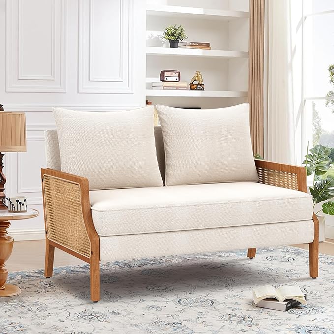 Aklaus 45 W Fabric Small Beige loveseat with Natural Rattan ArmsUpholstered Modern Mini Sofa Linen Couch Love Seat Settee Bench with Back for Living Room Bedroom Office Small Space Entryway Ivy