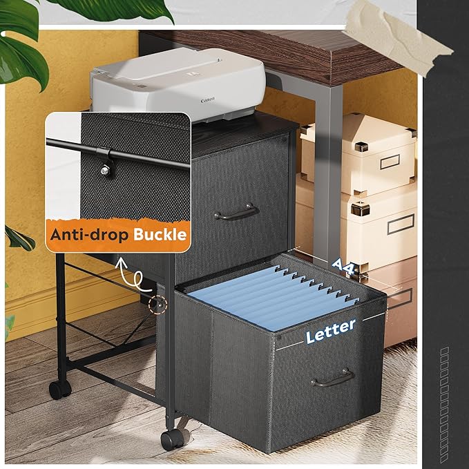 DEVAISE 2 Drawer Mobile File Cabinet Rolling Printer Stand Fabric Vertical Filing Cabinet fits A4 or Letter Size for Home Office Black