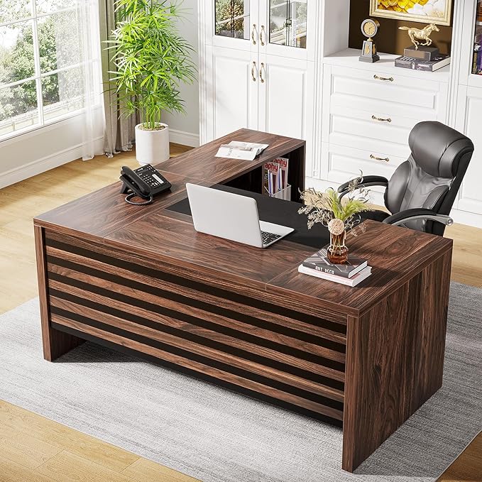 Tribesigns 62.2 Executive Desk with Mobile File Cabinet L-Shaped Office Desk with Storage Shelves Large Computer Table Business Workstation Set for Home Office Dark Brown