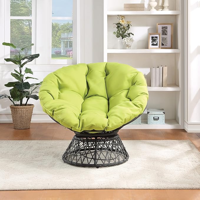 OSP Home Furnishings Wicker Papasan Chair with 360-Degree Swivel Grey Frame with Green Cushion