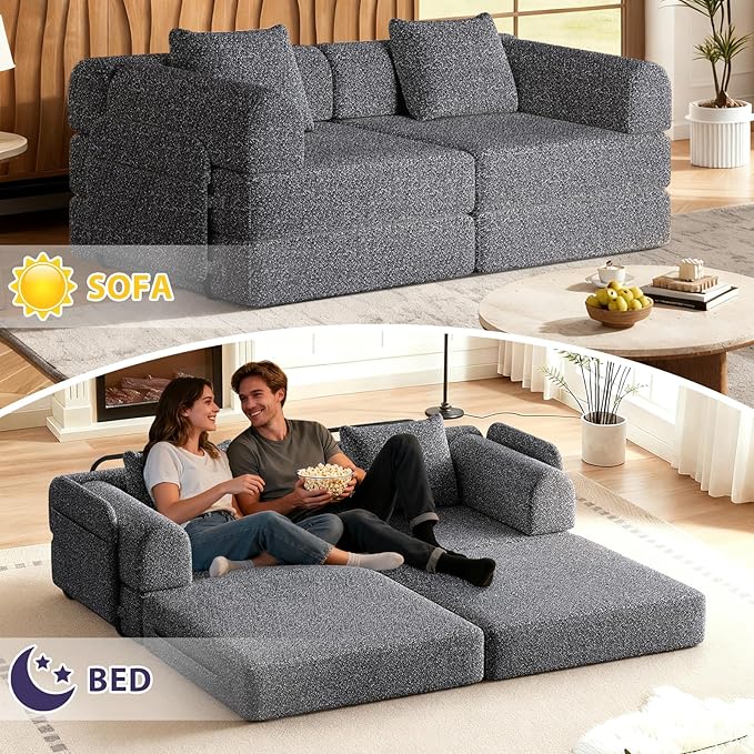 Convertible Sofa Bed 108+72.4+37 Sectional Couch 6-Seater with Storage Pockets Modular Sleeper Couch Chenille Folding Floor Boneless Lounge Sofa for Living Room Guest Room Grey