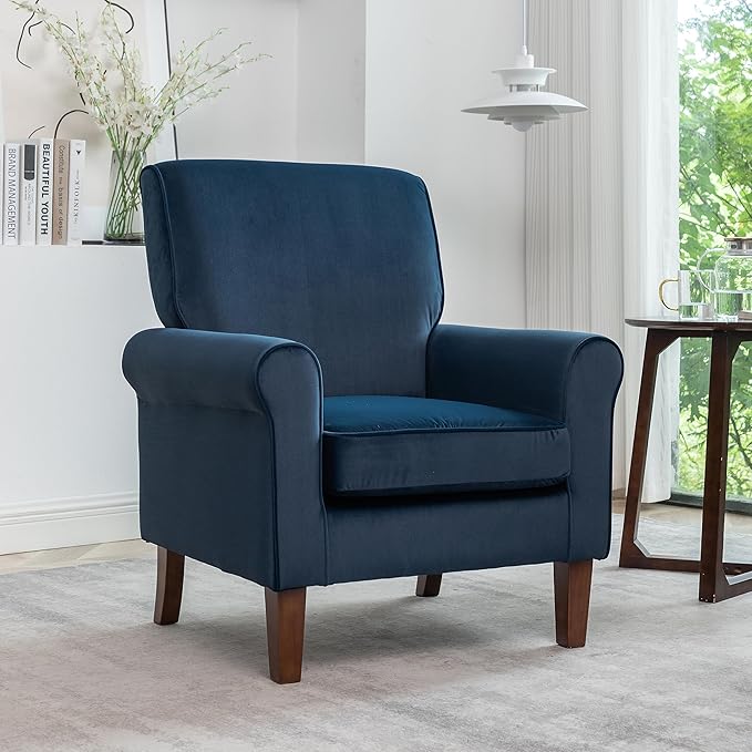 Classic Accent Armchair with Birch Wood Frame and Comfortable Rolled Armrests Arm Chairs for Living Room Bedroom and Office Decor Blue