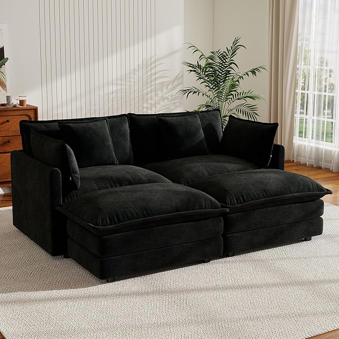 Small Sectional Couch76.7 Small L Shaped Cloud Sofa with Movable OttomanSofa Set for Living RoomApartmentsBlack