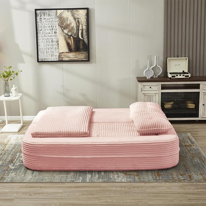 2 Pieces Sofa and Loveseat Set 80'' King Size Folding Sofa Bed with Chaise Lounge 2-in-1 Convertible Floor Sofa Bed Corduroy Boneless Couch Memory Foam Couches for Living Room Pink