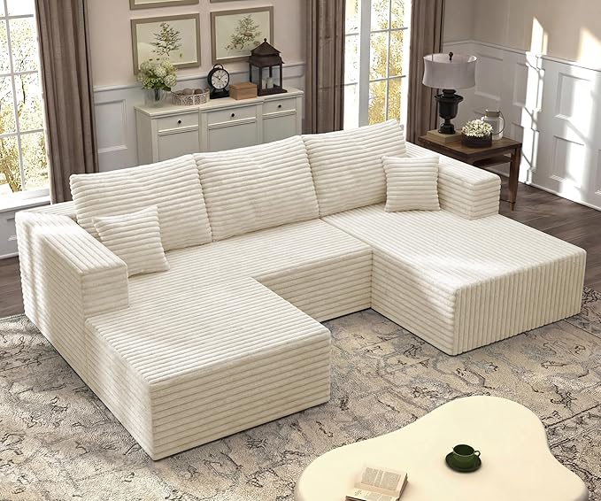 108'' U-Shaped Cloud Modular Sectional Sofa Modern High Back Corduroy Couch with Right Facing Chaise Lounge &amp Ottoman Upholstered Boneless Deep Seat Plush Sofa No Assembly Needed for Home Bei