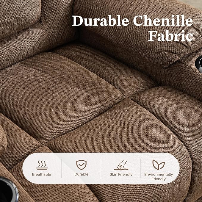 Recliner Chair with Massage and HeatChenille Recliner Sofa Chairs for AdultsWall Hugger Recliners for Living Room Reclining Armchairs with Cupholders Middle Brown