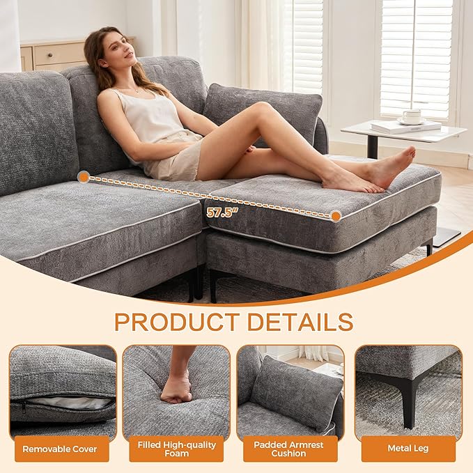 LSSBOUGHT 110 Sectional SofaL Shaped Sofa with Movable Ottoman Chenille Fabric 3 Seat Modern Couches for Living Room Apartment and Small Space (Gray)