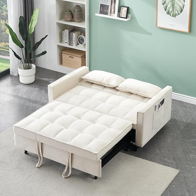 3 in 1 Convertible Sofa BedModern Velvet Loveseat Sleeper Sofa Bed with Adjustable Backrest Storage Pockets and PillowsSuitable for Living RoomGuest RoomBeige