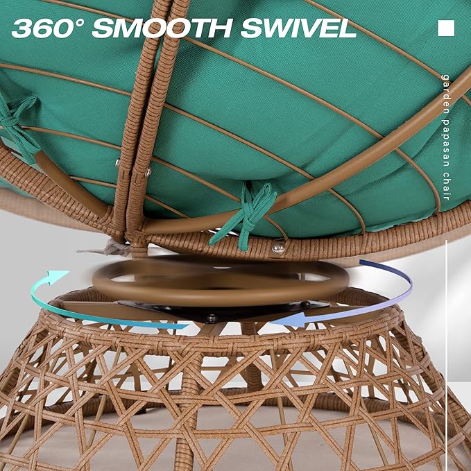 38'' 360 Degree Swivel Wicker Papasan Chair with Cushion and Base - Thickened Rattan Swivel Papasan Chair with Soft Cushion and Durable Frame Oversized Reading Chair for Living Room Teal